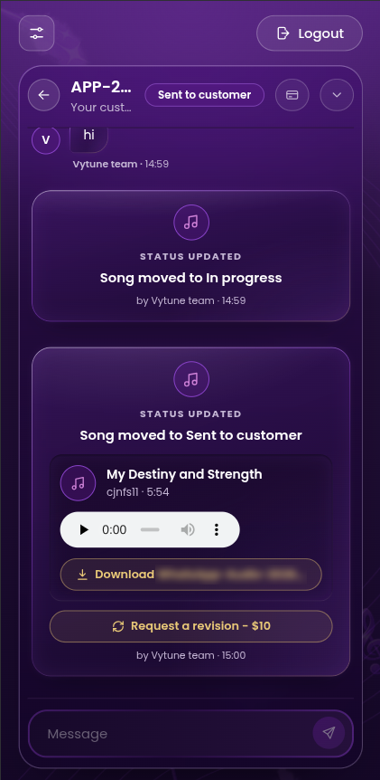 The delivered song with its player and download, and the revision request form